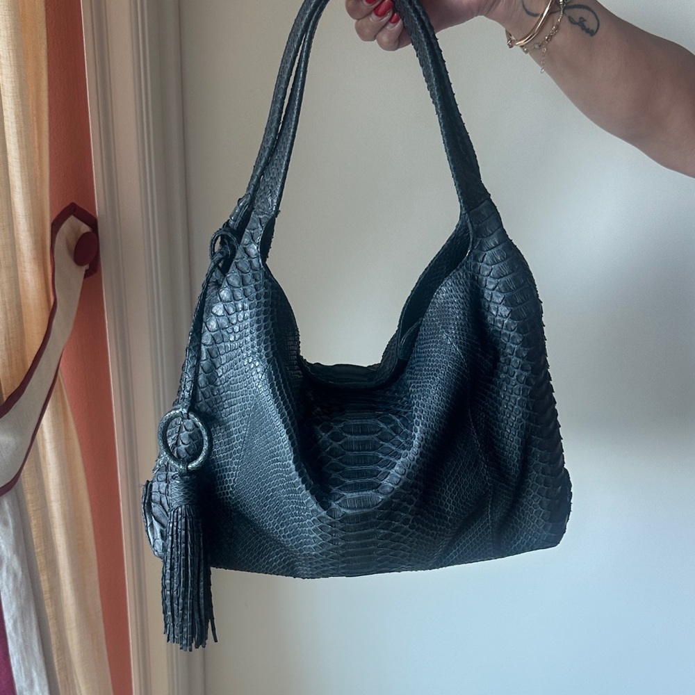Navy blue Eileen Kramer Textured Hobo Bag with Tassel Genuine Python. Like new
